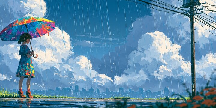 Girl holding multicolored umbrella standing in rain looking at city skyline during storm.