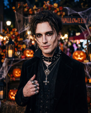 Close Up Mann im Gothic Look, vor einer Halloween Dekoration