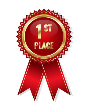 Champion award with red ribbon. First place badge of a winner. Vector illustration
