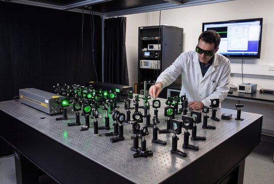 Scientist in lab coat adjusting optical equipment with green laser beams on a breadboard table.