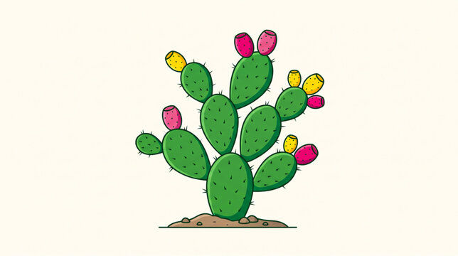 Prickly Pear Cactus Vector Illustration with Pink and Yellow Fruits