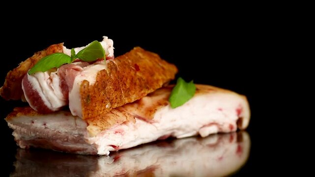 Smoked pork lard with aromatic basil on elegant black reflective background