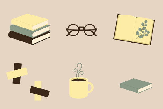 Minimalist winter reading and slow living element set. Vector bundle of isolated cozy introvert hobby objects on warm sand background.