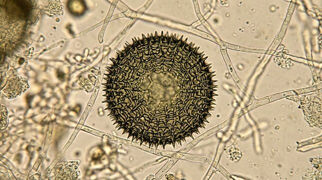 Microscopic view of a spiky fungal spore surrounded by hyphae filaments