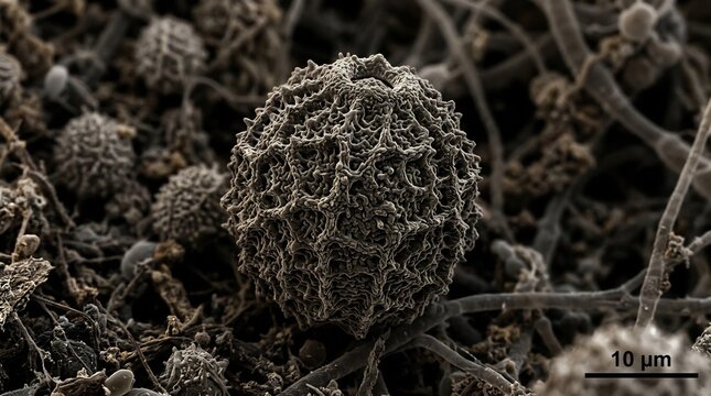 Intricate fungal spore structure under scanning electron microscopy