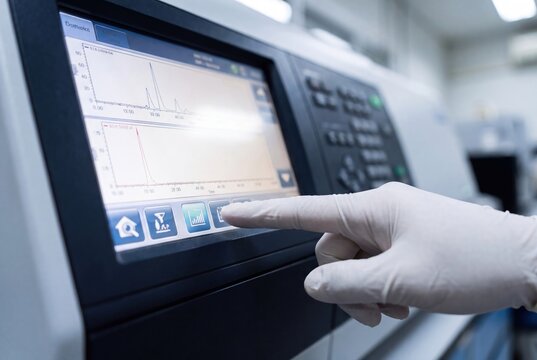 Close-up of a gloved hand interacting with a scientific instrument screen displaying chromatograms.