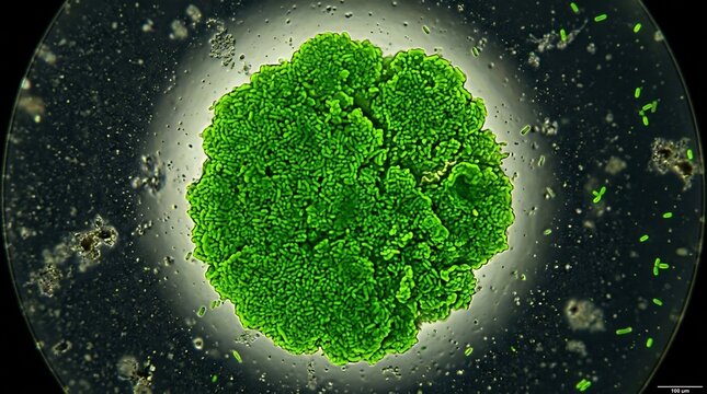 Vibrant green bacteria colony viewed under laboratory microscope