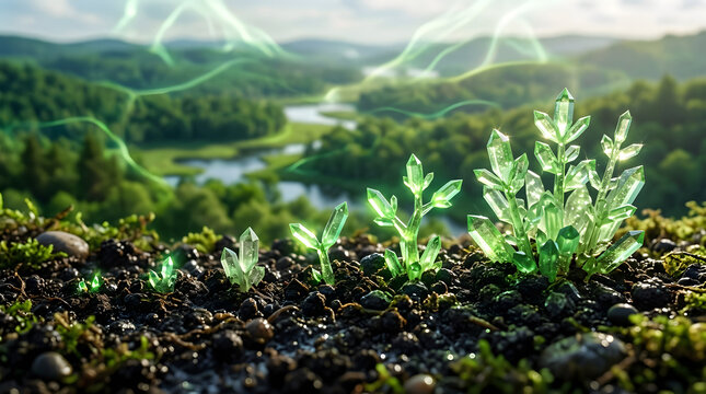 Green crystals growing from soil with lush valley landscape