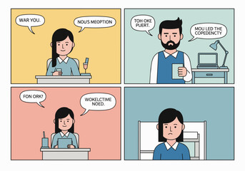 Fototapeta premium Four-panel comic with diverse characters in office settings, discussing options, ideal for business communication, team collaboration and workplace humor.