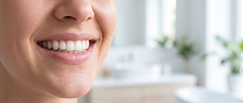 Healthy smile showing clean white teeth in a bright close-up macro shot with natural skin tones and a soft bathroom background, ideal for dental hygiene and cosmetic whitening ads