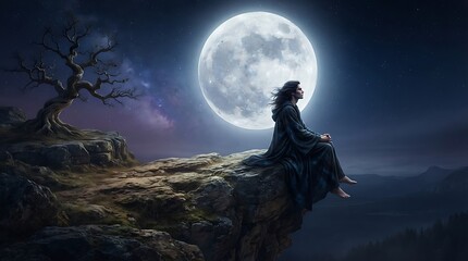 Fototapeta premium Mystical woman meditating under a glowing full moon. Ethereal night scene with serene mountain landscape and celestial lighting.