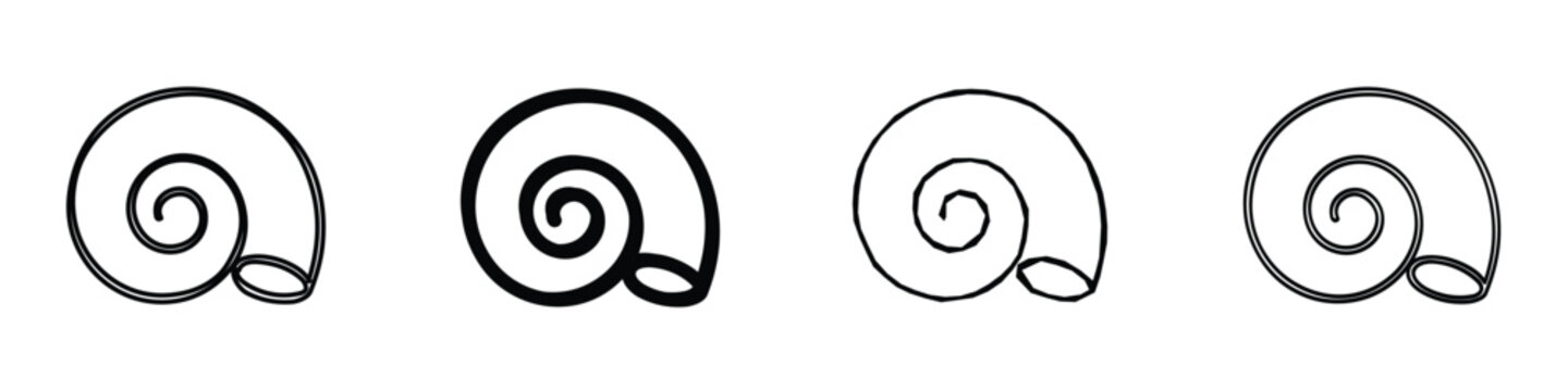 Four distinct line drawings of snail shells, varying in line thickness and detail, presented side by side on a white background