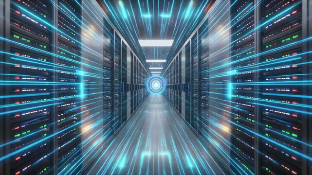 Abstract quantum server hub with holographic flows, digital data streams, and glowing server racks in a futuristic data center
