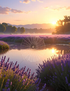 Spiderweb at sunset over water