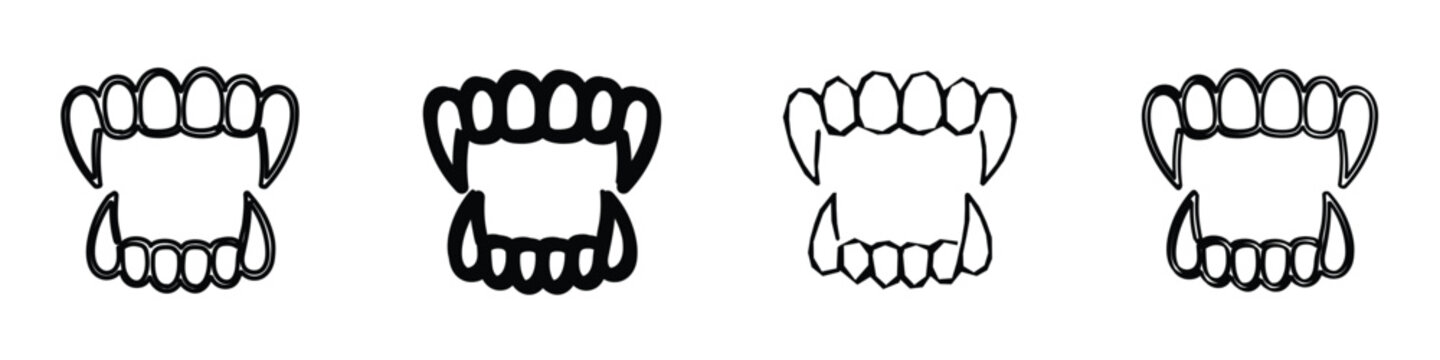 A collection of four distinct line art illustrations depicting open vampire mouths with prominent fangs and molars, presented in a simple, graphic style