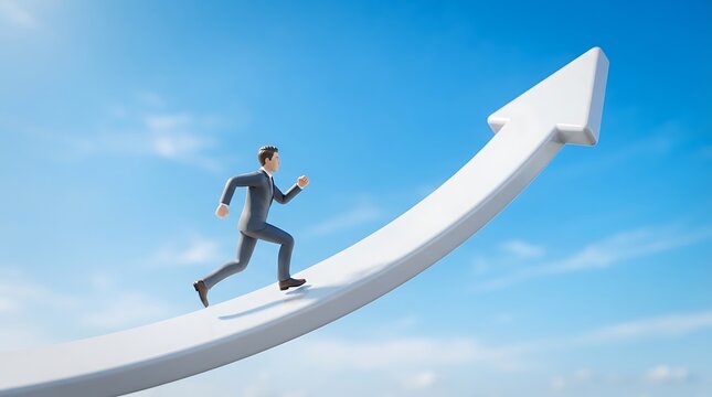 Dynamic businessman sprinting up a futuristic growth arrow. Professional athlete embodying success and upward momentum in corporate setting.