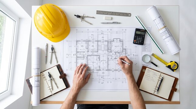 Architectural team reviewing residential floor plans with construction drawings and engineering equipment on office desk