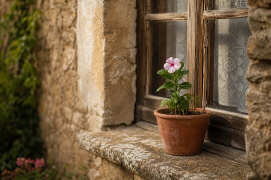 A single flowering plant in a clay pot on a weathered stone windowsill, soft afternoon light.