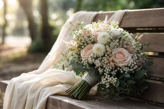 An elegant wedding bouquet rests on a wooden bench draped with delicate fabric, bathed in morning sunlight.