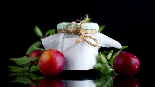 Sweet homemade fruit preserve with plums and leaves on dark background