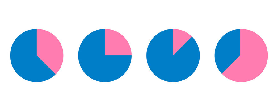Set of four circular pie charts showing different percentage divisions as blue and pink segments on a neutral transparent background.