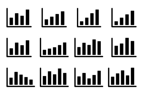 Set of black and white growth bar graphs on a transparent background, depicting various levels of increase and progress.