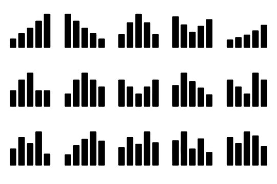 Collection of black and white bar graphs illustrating various levels of data, progress, and statistical changes.