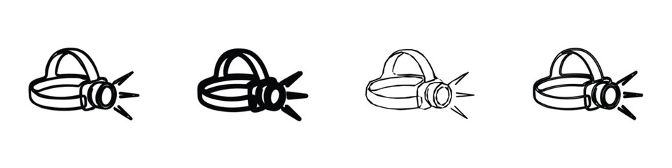 A minimalist line drawing of a headlamp, showcasing its strap and illuminated lens with radiating light beams