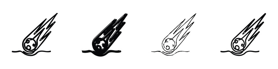 A stylized illustration of a falling meteorite with a trailing fiery effect hitting the ground, depicted in various line art styles © 7Author