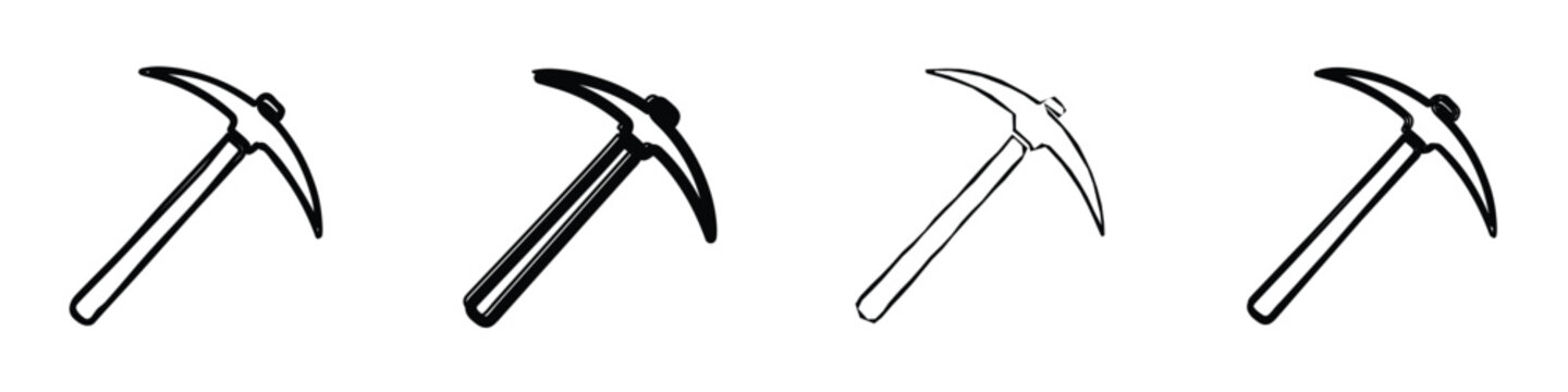 A set of four distinct pickaxe illustrations, showcasing variations in outline and fill for design flexibility