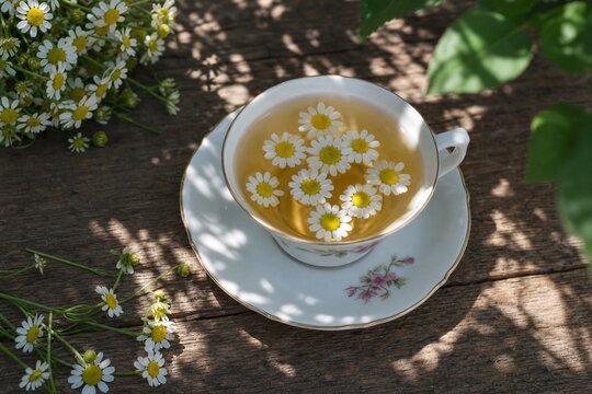 Chamomile flowers float delicately in a teacup on a rustic table, bathed in soft garden sunlight.