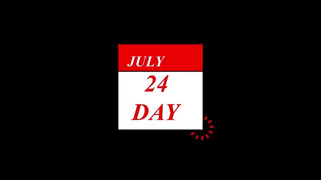 Animated calendar page icon for 24 day JULI date on black background with clock badge for event scheduling deadline reminder UI UX design