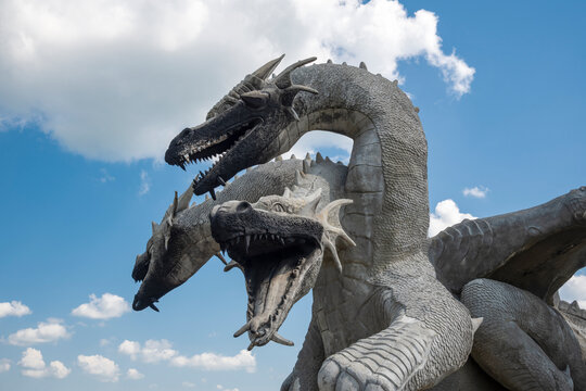 LIPETSK REGION, RUSSIA - JULY 03, 2026: Three heads of the giant sculpture "Snake Gorynych" close-up. Kudykina Gora Amusement Park, Lipetsk Region, Russia