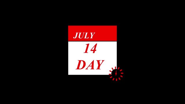 Animated calendar page icon for 14 day JULI date on black background with clock badge for event scheduling deadline reminder UI UX design