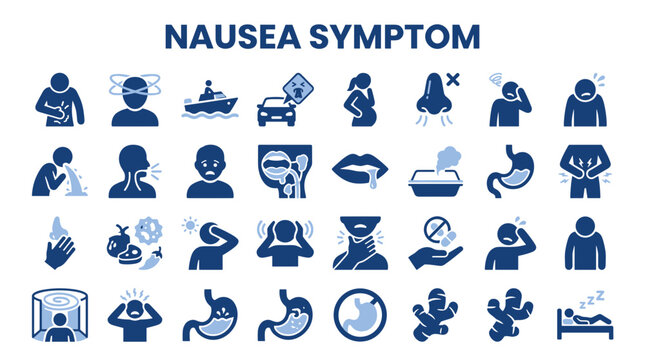 Nausea symptoms and health icons set featuring medical conditions and treatment remedies for stomach sickness and digestive issues