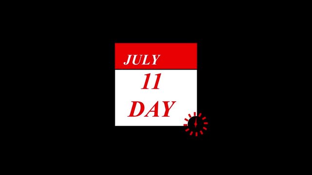 Animated calendar page icon for 11 day JULI date on black background with clock badge for event scheduling deadline reminder UI UX design