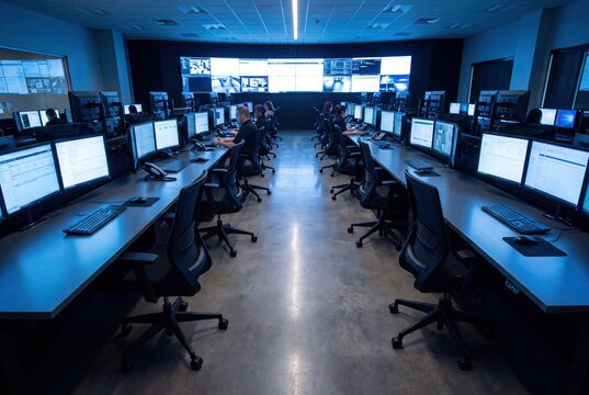 Modern control room with multiple computer monitors and operators working at desks in a high-tech facility.