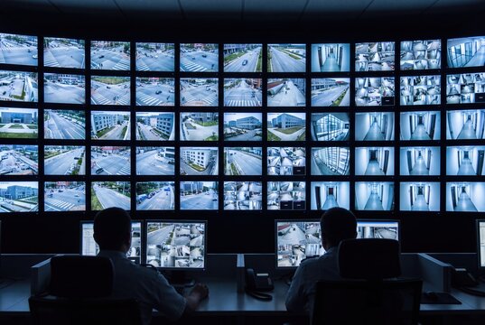 Security control room with multiple monitors displaying surveillance footage of city streets and building interiors.