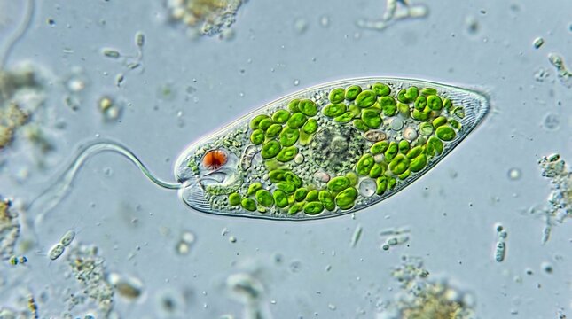 Euglena protist swimming under high magnification microscopic view