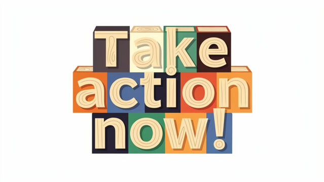 Colorful 3d block letters spelling take action now with vibrant colors and playful design inspiring motivation and positive attitude