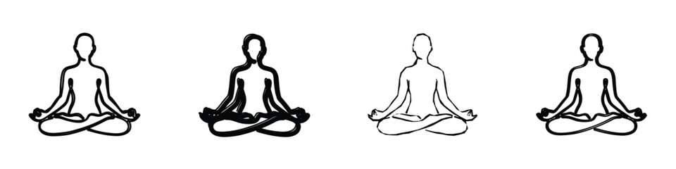 Obraz premium A collection of four simple black and white line drawings depicting a human figure in a seated meditation posture with hands in Gyan Mudra