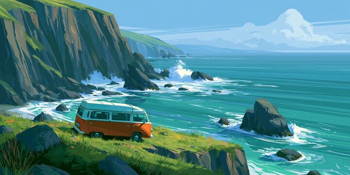 Orange camper van parked on grassy cliff overlooking blue ocean waves crashing on rocks.