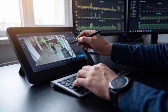 Security analyst monitoring CCTV footage with facial recognition and data analytics on multiple screens.