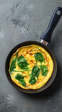 Delicious spinach omelette cooked to perfection in a non-stick frying pan, showcasing vibrant greens against a rustic gray background, ideal for healthy meal inspiration.