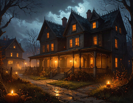 Spooky mansion halloween scene