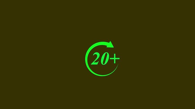 Animated 20 plus icon with rotating circular arrow on dark yellow background for speed limit count achievement repetition and UI UX design