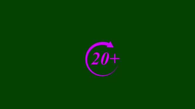 Animated 20 plus icon with rotating circular arrow on dark green background for speed limit count achievement repetition and UI UX design