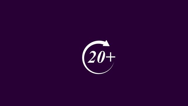 Animated 20 plus icon with rotating circular arrow on dark pink background for speed limit count achievement repetition and UI UX design