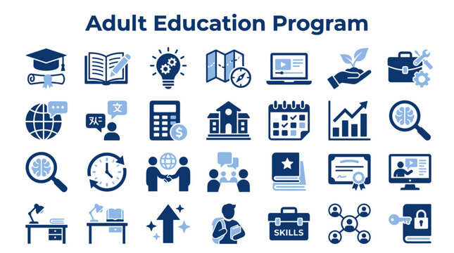 Adult education program icons set representing professional training skills development academic learning and career growth concepts in blue color palette
