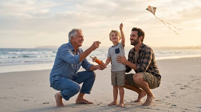 Three generations of family grandfather father and son flying kite together on sandy beach at sunset